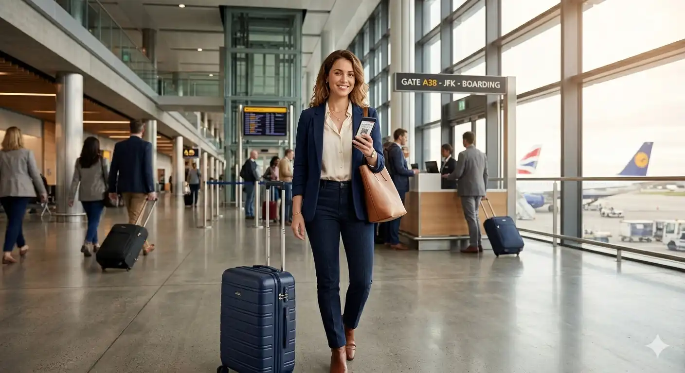BlogUSE_IngleseinViaggio-IMG1 donna all'aeroporto con boarding pass — inglese per viaggiare