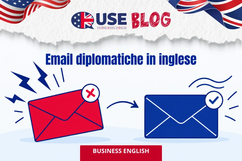 USE email diplomatiche in inglese - Due buste a confronto, una rossa e una blu: email diplomatiche in inglese, stesso messaggio con un tono diverso