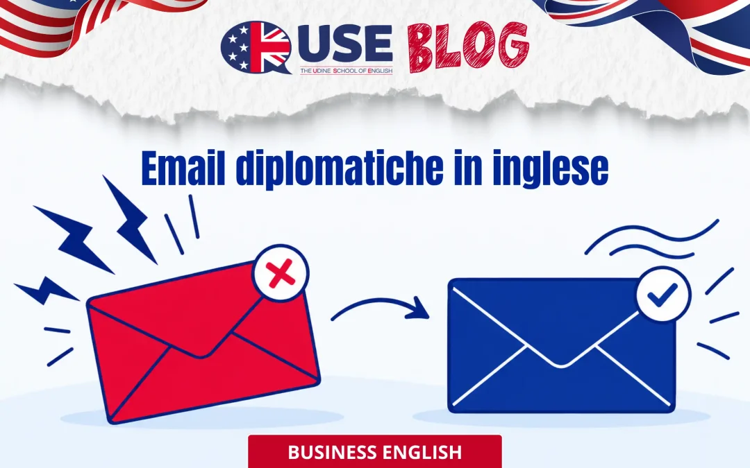 USE email diplomatiche in inglese - Due buste a confronto, una rossa e una blu: email diplomatiche in inglese, stesso messaggio con un tono diverso